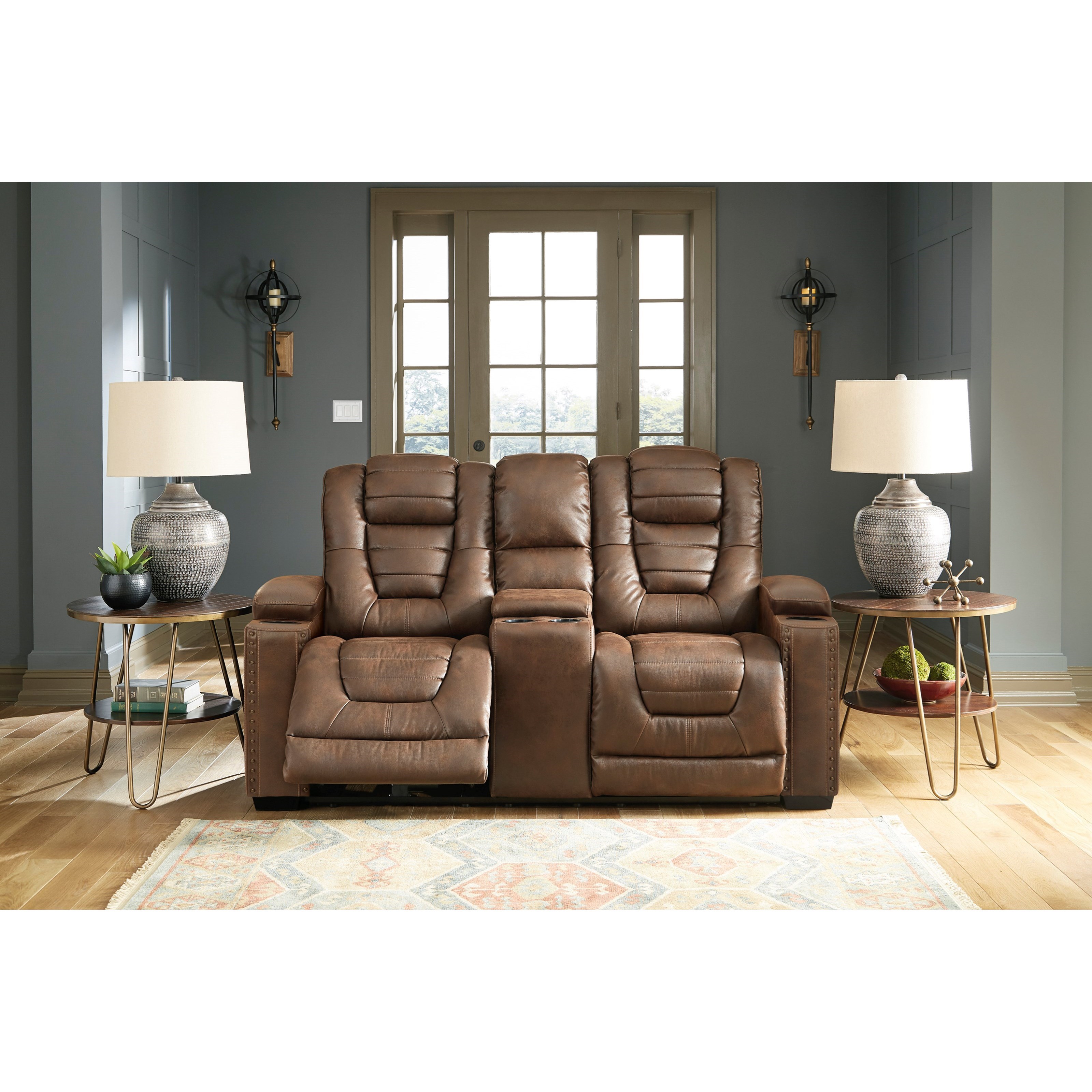 Signature Design by Ashley Owner's Box Faux Leather Power Rec Loveseat w/ Console & Adj Hdrsts